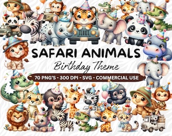 Safari Animals Clipart Watercolor, jungle safari png, baby safari animals PNG, safari clipart elephant zebra giraffe tiger lion, baby shower