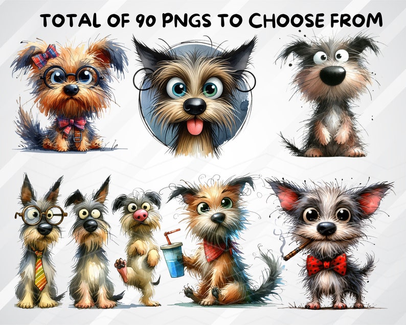 May include: A collection of nine cartoon illustrations of dogs with different expressions and accessories. The dogs are all in various poses, including sitting, standing, and holding objects. The illustrations are in a whimsical style and feature bright colors.