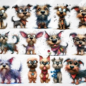 May include: A collection of 12 cartoon illustrations of dogs with various expressions and accessories. The dogs are drawn in a whimsical style with exaggerated features and bright colors.