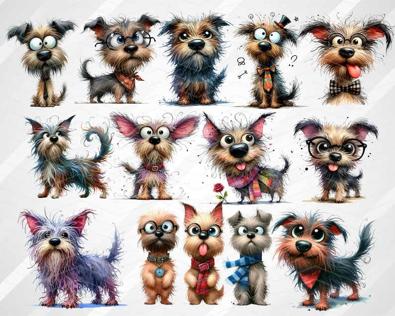 May include: A collection of 12 cartoon illustrations of dogs with various expressions and accessories. The dogs are drawn in a whimsical style with exaggerated features and bright colors.
