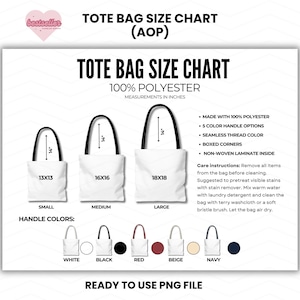 Puede incluir: Tabla de tallas de bolsas tote blancas, con tres tamaños: 33x33, 41x41 y 46x46 cm. La tabla incluye opciones de color de asa: blanco, negro, rojo, beige y azul marino. Las bolsas son 100% poliéster.
