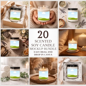 May include: A collection of soy candle mockups in various settings. The candles are in clear glass jars with black lids and labels featuring a sky and landscape design. The image includes text that reads "20 Scented Soy Candle Mockup Bundle Easy Drag & Drop in Canva."