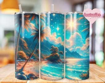 Tropical Beach Tumbler Wrap 20oz tumbler wrap Bundle Ocean tumbler wrap Sunset Sublimation Sea Design Seashell Digital Download