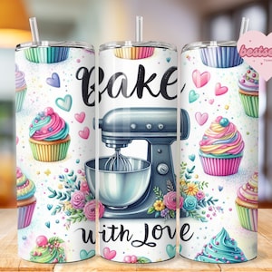 Baking Tumbler Wrap PNG, Sublimation Digital Download, 20 oz Skinny Tumbler, Bake with love, Cute Baker Tumbler Wrap, instant download