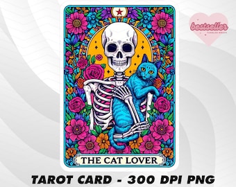 May include: A tarot card with a colorful floral design. The card features a skeleton holding a blue cat. The text "THE CAT LOVER" is printed at the bottom of the card.