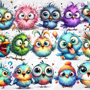 Puede incluir: Una colecci&oacute;n de 15 p&aacute;jaros de dibujos animados con plumas coloridas, ojos grandes y expresiones &uacute;nicas. Los p&aacute;jaros son de diferentes colores y tienen diferentes patrones en sus plumas. Algunos de los p&aacute;jaros llevan sombreros u otros accesorios.
