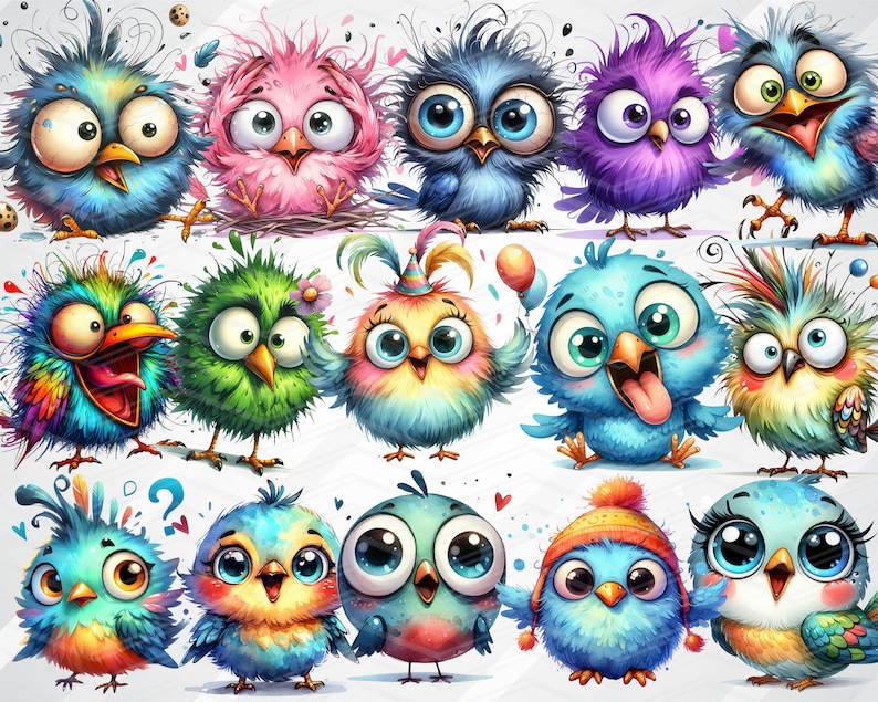 Puede incluir: Una colecci&oacute;n de 15 p&aacute;jaros de dibujos animados con plumas coloridas, ojos grandes y expresiones &uacute;nicas. Los p&aacute;jaros son de diferentes colores y tienen diferentes patrones en sus plumas. Algunos de los p&aacute;jaros llevan sombreros u otros accesorios.