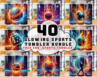 May include: Set of 40 glowing sports tumbler designs. Each tumbler features a different sport, including baseball, football, soccer, basketball, and baseball. The tumblers are all in a dark blue and orange color scheme with flames and a glowing effect.