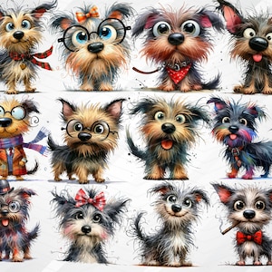 May include: A collection of 12 cartoon illustrations of dogs with various expressions and accessories. The dogs are all different breeds and have unique personalities. Some dogs are wearing glasses, hats, and bow ties.