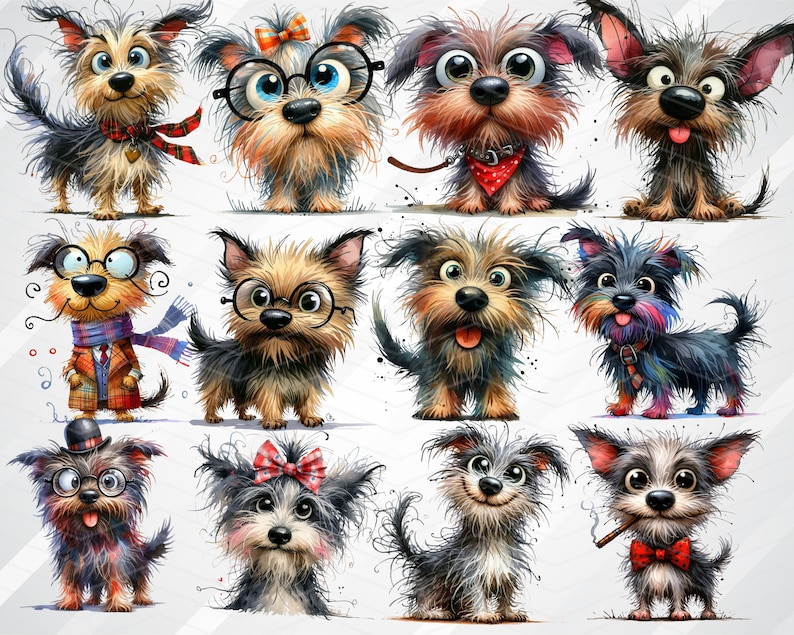 May include: A collection of 12 cartoon illustrations of dogs with various expressions and accessories. The dogs are all different breeds and have unique personalities. Some dogs are wearing glasses, hats, and bow ties.