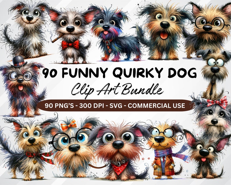 May include: A set of 90 digital clip art images featuring quirky, cartoon-style dogs in various poses and expressions. The dogs are depicted in a variety of colors and patterns, including black, white, brown, and red. The text "90 FUNNY QUIRKY DOG Clip Art Bundle" and "90 PNG'S - 300 DPI - SVG - COMMERCIAL USE" is included in the image.