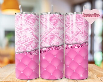 May include: Pink and white tumbler wrap with a design of pink dollar bills and a pink quilted pattern with rhinestones.