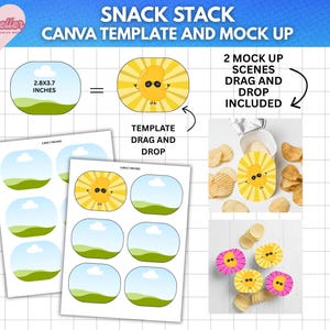 May include: A Canva template and mock-up design with a snack theme. It features a sun-shaped potato chip with a smiling face, and the text "SNACK STACK CANVA TEMPLATE AND MOCK UP". The template dimensions are 7.1 x 9.4 cm.