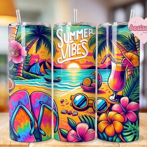 Summer Vibes Tumbler Wrap, 20 Unzen Skinny Sublimationsbecher Design, Aquarell Sommer Sublimationsdesign, Flip Flop Tumbler Png Downloads
