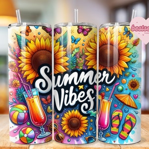 Summer Vibes Tumbler Wrap, 20 Unzen Skinny Sublimationsbecher Design, Aquarell Sommer Sublimationsdesign, Flip Flop Tumbler Png Downloads