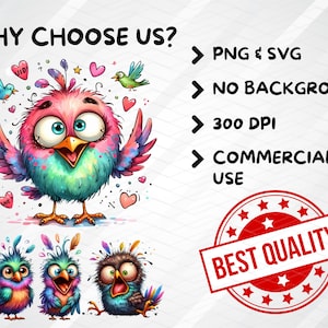 Puede incluir: Una ilustraci&oacute;n digital de tres p&aacute;jaros de dibujos animados coloridos con ojos grandes y picos abiertos. Los p&aacute;jaros est&aacute;n rodeados de corazones y estrellas. El texto "WHY CHOOSE US?" est&aacute; en la parte superior de la imagen. El texto "PNG & SVG", "NO BACKGROUND", "300 DPI", "COMMERCIAL USE" y "BEST QUALITY" est&aacute;n listados en una columna en el lado derecho de la imagen.