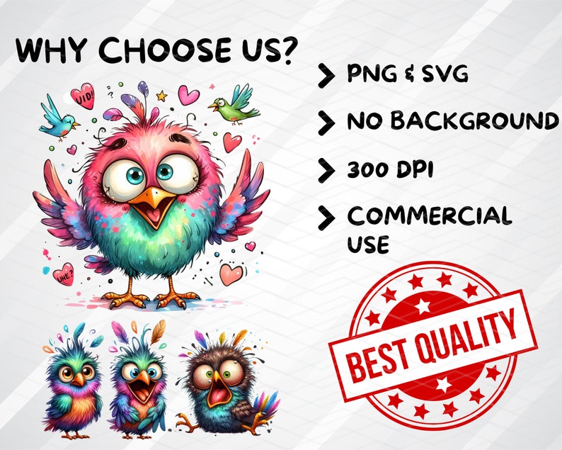 Puede incluir: Una ilustraci&oacute;n digital de tres p&aacute;jaros de dibujos animados coloridos con ojos grandes y picos abiertos. Los p&aacute;jaros est&aacute;n rodeados de corazones y estrellas. El texto "WHY CHOOSE US?" est&aacute; en la parte superior de la imagen. El texto "PNG & SVG", "NO BACKGROUND", "300 DPI", "COMMERCIAL USE" y "BEST QUALITY" est&aacute;n listados en una columna en el lado derecho de la imagen.