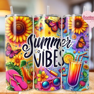 Summer Vibes Tumbler Wrap, 20 Unzen Skinny Sublimationsbecher Design, Aquarell Sommer Sublimationsdesign, Flip Flop Tumbler Png Downloads