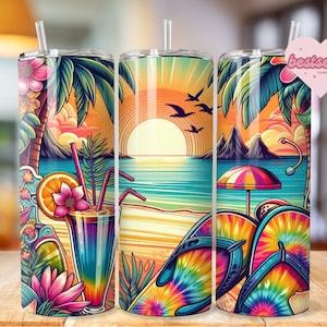 Summer Vibes Tumbler Wrap, 20 Unzen Skinny Sublimationsbecher Design, Aquarell Sommer Sublimationsdesign, Flip Flop Tumbler Png Downloads