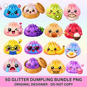 Puede incluir: Una colección de 50 ilustraciones de dumplings con purpurina que muestran diversas expresiones y accesorios como té boba, frutas y alimentos. Los personajes son coloridos, redondos y estilizados con ojos grandes. El texto inferior dice 50 GLITTER DUMPLING BUNDLE PNG ORIGINAL DESIGNER - DO NOT COPY.