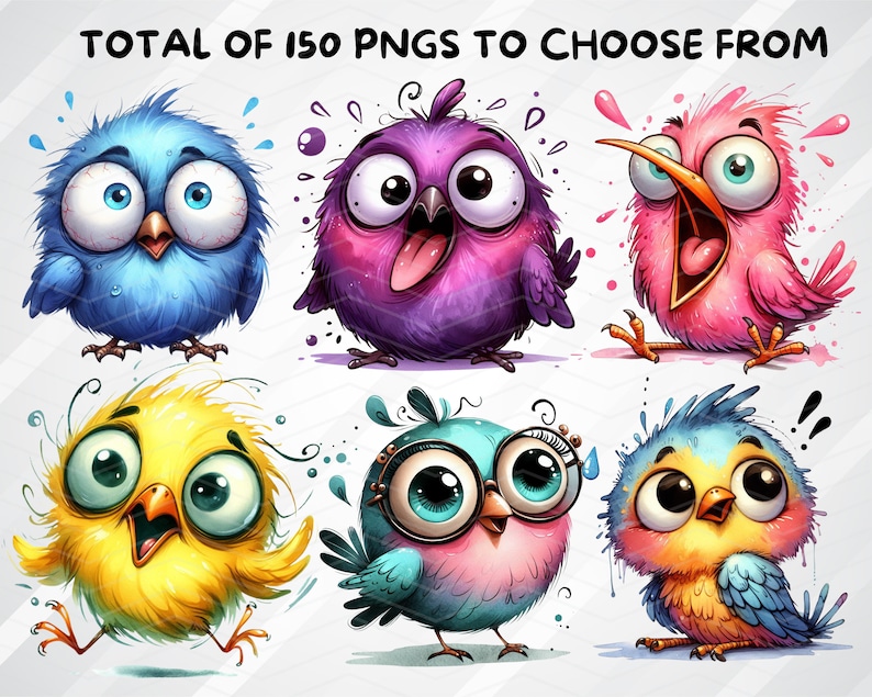 Puede incluir: Seis p&aacute;jaros de dibujos animados con diferentes expresiones y colores. Los p&aacute;jaros est&aacute;n dibujados en un estilo caprichoso con ojos grandes y rasgos exagerados. Los p&aacute;jaros est&aacute;n todos mirando hacia adelante y tienen una variedad de expresiones, incluyendo sorprendido, feliz y tonto.