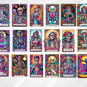 May include: A set of 16 colourful tarot cards featuring skeletons in various poses and settings. Each card has a title, such as "The Gamer", "The Selfie Addict", and "The Hot Mama".
