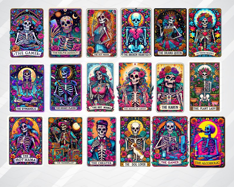 May include: A set of 16 colourful tarot cards featuring skeletons in various poses and settings. Each card has a title, such as "The Gamer", "The Selfie Addict", and "The Hot Mama".