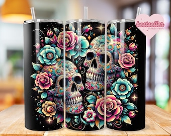Gobelet papier peint tête de mort 20 oz motifs sublimation aquarelle et verre 3D papier peint tête de mort et roses PNG