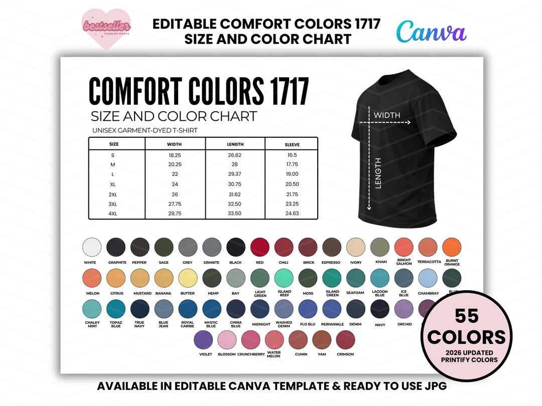 Comfort Colors 1717 Color Chart and Size Chart, Color Chart Comfort ...