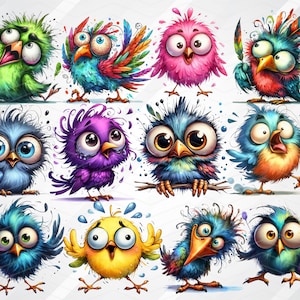 Puede incluir: Una colecci&oacute;n de 12 p&aacute;jaros de dibujos animados coloridos con diversas expresiones y caracter&iacute;sticas. Los p&aacute;jaros est&aacute;n dibujados en un estilo caprichoso con colores brillantes y rasgos exagerados.