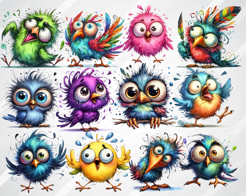 Puede incluir: Una colecci&oacute;n de 12 p&aacute;jaros de dibujos animados coloridos con diversas expresiones y caracter&iacute;sticas. Los p&aacute;jaros est&aacute;n dibujados en un estilo caprichoso con colores brillantes y rasgos exagerados.