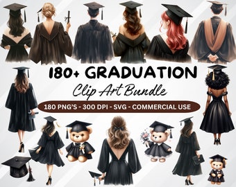 May include: A digital clip art bundle of 180 graduation themed illustrations. The illustrations include people wearing graduation caps and gowns, teddy bears wearing graduation caps and gowns, and other graduation-related items. The illustrations are in various colors, including black, white, brown, red, and blue.