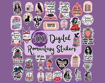 Pacote com 100 adesivos digitais Romantasy PNG, Shadow Daddy, Dragão, adesivos digitais de fantasia, adesivos literários para impressão, adesivos para amantes de livros