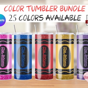 May include: Set of five 20 oz. stainless steel tumblers with glitter and a crayon design. Each tumbler has a different colour and features the text "Mrs. Johnson".