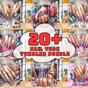 May include: A set of 20+ sublimation designs featuring colourful nail art designs with glitter, jewels, and nail polish bottles. The designs are perfect for creating custom tumblers for nail technicians or anyone who loves nail art.