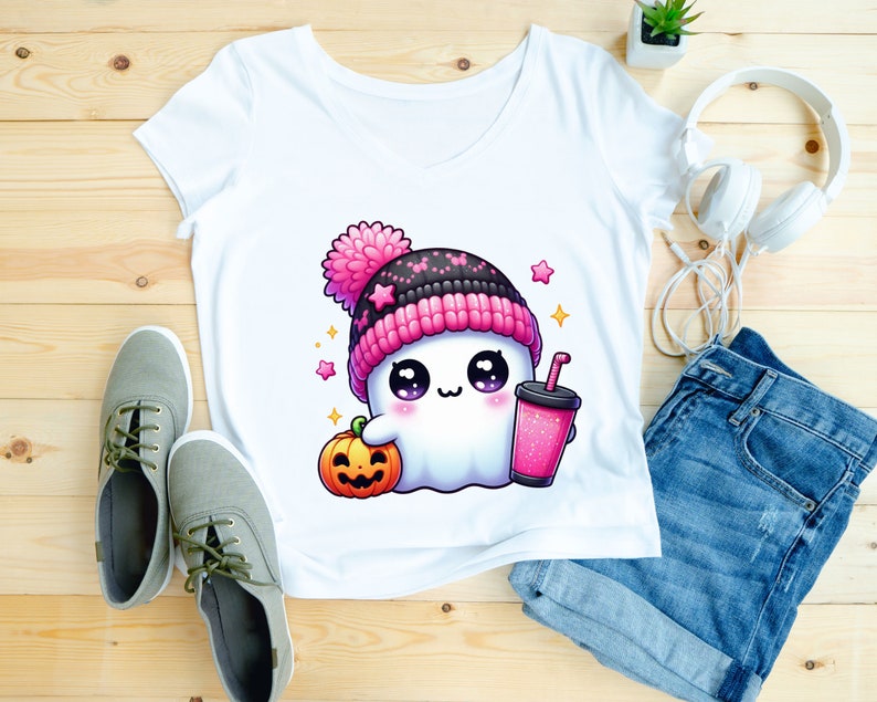 Peut inclure: T-shirt blanc avec un mignon fant&ocirc;me de dessin anim&eacute; portant un chapeau rose et noir, tenant une tasse rose et blanche avec une paille et une petite citrouille orange. Le fant&ocirc;me a de grands yeux et un petit sourire.