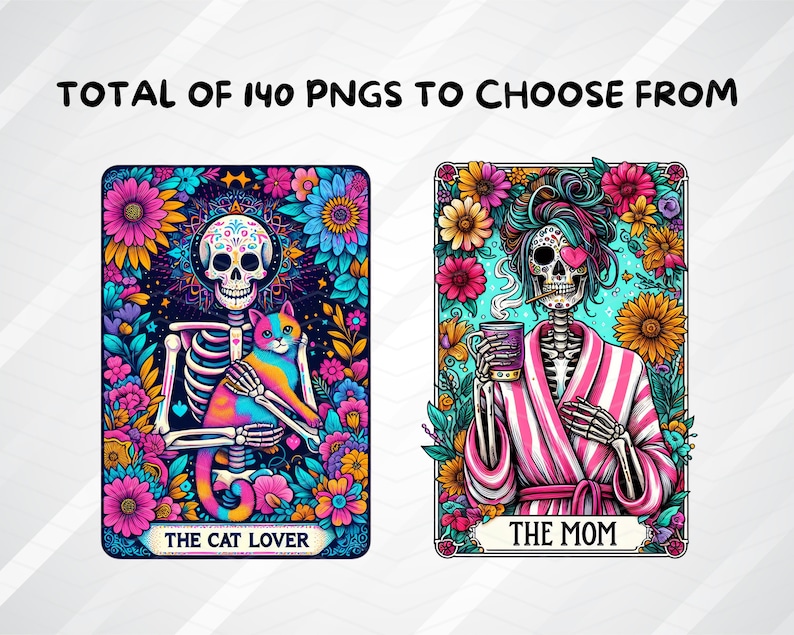 Op de afbeelding: Twee kleurrijke illustraties van skeletten met bloemen en andere details. De eerste afbeelding toont een skelet dat een kat vasthoudt. De tweede afbeelding toont een skelet dat een roze badjas draagt ​​en een kopje vasthoudt. De tekst "The Cat Lover" staat onder de eerste afbeelding en "The Mom" staat onder de tweede afbeelding.