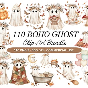 May include: A collection of whimsical watercolor clip art featuring ghosts adorned with floral crowns, pumpkins, and autumn leaves. The text reads "110 BOHO GHOST Clip Art Bundle". Includes images of ghosts with a pumpkin, holding a basket, and more.