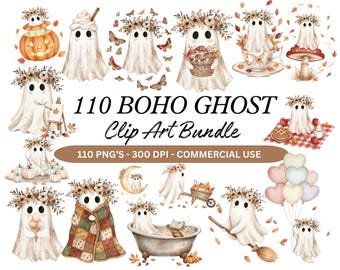 120 Vintage Fall Ghost Clipart PNG Bundle, Cute Halloween Watercolor Ghosts, Autumn Floral Boho Ghosts, Sublimation, Commercial Use