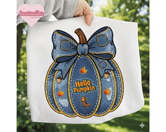 Denim Pumpkin PNG Stitched Fall Pumpkin Sublimation Quilted Pumpkin Sublimation Design T-Shirts Harvest Shirt PNG Fall Png
