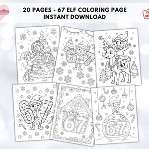 Könnte beinhalten: Eine Sammlung von schwarz-weißen Elfen-Malvorlagen. Jede Seite zeigt einen Elf mit der Nummer 67, Weihnachtsbäumen, Schneeflocken und anderen festlichen Elementen. Der Text lautet: "20 PAGES - 67 ELF COLORING PAGE INSTANT DOWNLOAD."