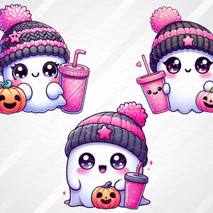 Peut inclure: Trois adorables fant&ocirc;mes de dessin anim&eacute; portant des bonnets en tricot rose et noir. Chaque fant&ocirc;me tient une tasse rose et blanche avec un visage souriant. Deux des fant&ocirc;mes tiennent une petite citrouille orange avec un visage de citrouille.