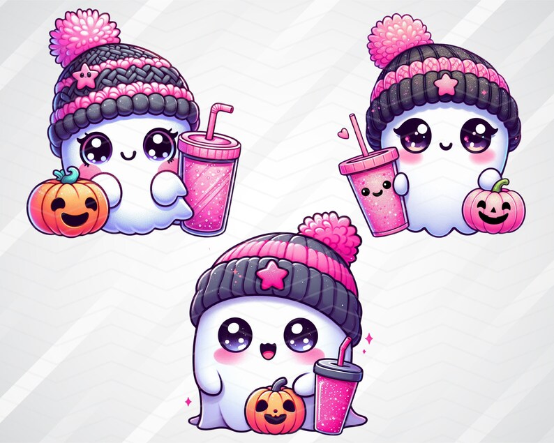 Peut inclure: Trois adorables fant&ocirc;mes de dessin anim&eacute; portant des bonnets en tricot rose et noir. Chaque fant&ocirc;me tient une tasse rose et blanche avec un visage souriant. Deux des fant&ocirc;mes tiennent une petite citrouille orange avec un visage de citrouille.