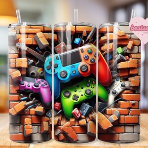 May include: A colorful graphic design featuring multiple video game controllers breaking through a brick wall. The controllers are in various colors, including blue, green, pink, and orange. The design is perfect for a gamer's tumbler.