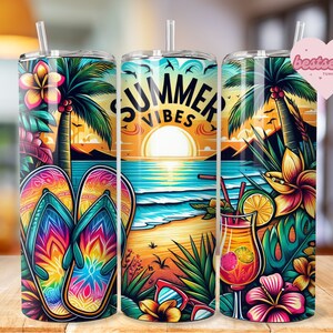 Summer Vibes Tumbler Wrap, 20 Unzen Skinny Sublimationsbecher Design, Aquarell Sommer Sublimationsdesign, Flip Flop Tumbler Png Downloads