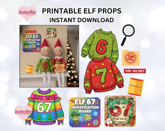 Könnte beinhalten: Druckbare Elf-Requisiten mit Weihnachtspullovern mit den Nummern 6, 7 und 67, einem Ermittlungsboard, einer Lupe sowie den Etiketten "Top Secret" und "Evidence". Der Text "Sofort-Download" ist ebenfalls sichtbar.