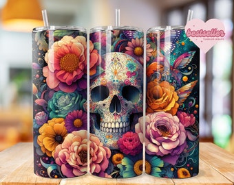 Gobelet papier peint tête de mort 20 oz motifs sublimation aquarelle et verre 3D papier peint tête de mort et roses PNG