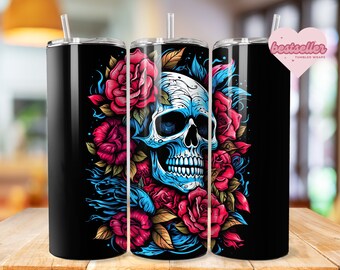 Skull Tumbler Wrap Bundle 20 oz Tumbler Sublimation Designs Watercolor & 3D Tumbler wrap Skull and Roses Straight Tumbler PNG