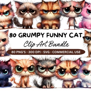 80 imágenes prediseñadas de gato divertido gruñón, paquete de imágenes prediseñadas de gato lindo, PNG de gato de dibujos animados, imágenes prediseñadas de gato gruñón, imprimible, sin fondo, uso comercial, dibujos animados