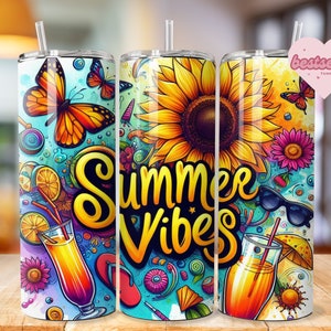 Summer Vibes Tumbler Wrap, 20 Unzen Skinny Sublimationsbecher Design, Aquarell Sommer Sublimationsdesign, Flip Flop Tumbler Png Downloads